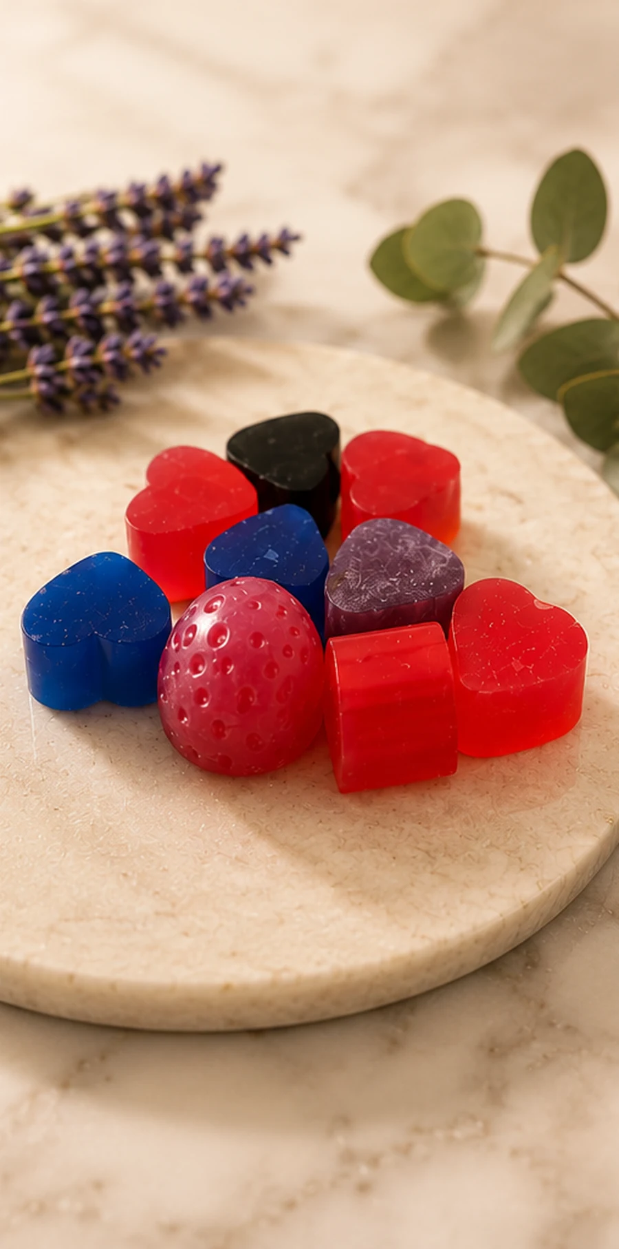 Colección de mini jabones artesanales con figuras y colores variados de Los Aromas de Rafa